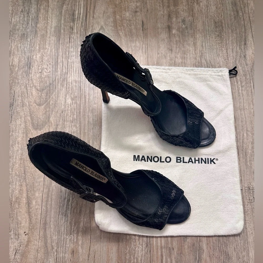 Manolo Blahnik Caldo Sequined Black Ankle Strap Peep Toe Stiletto Heels